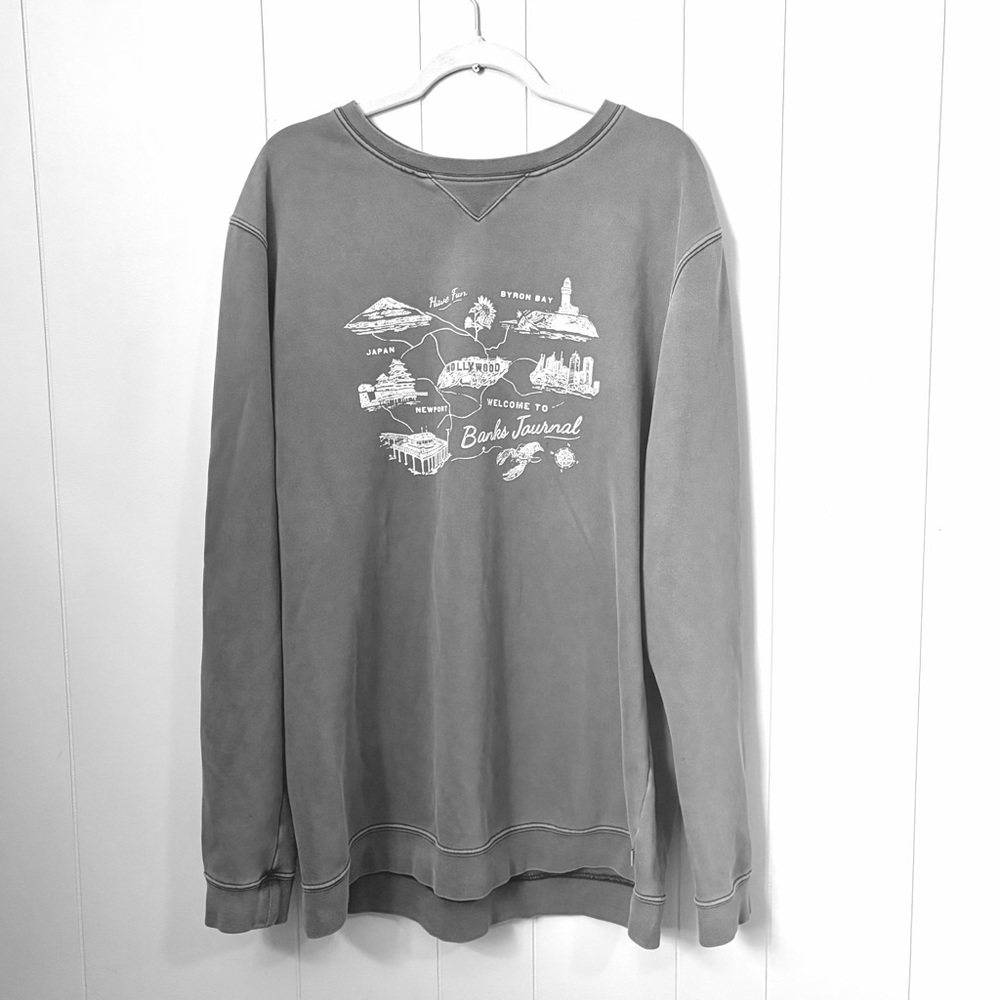Banks Journal Organic Cotton Crewneck Sweatshirt Gray Map Graphic Unisex XL